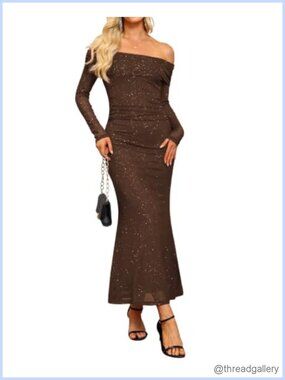 Off Shoulder Long Sleeve Sequin Maxi Bodycon Formal Dress